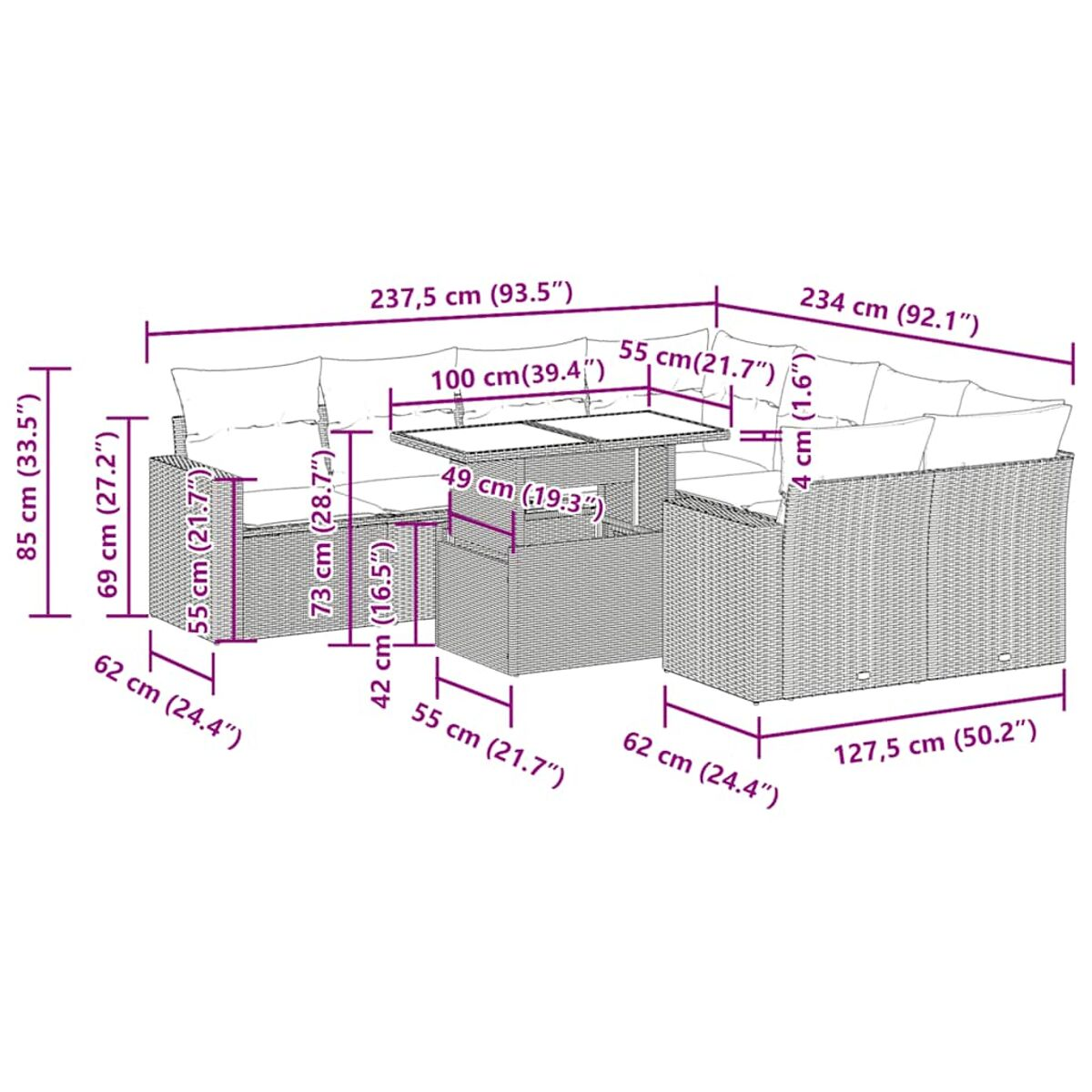 Diagramm eines beigefarbenen Rattan-Sofasets mit Abmessungen in Zentimetern.