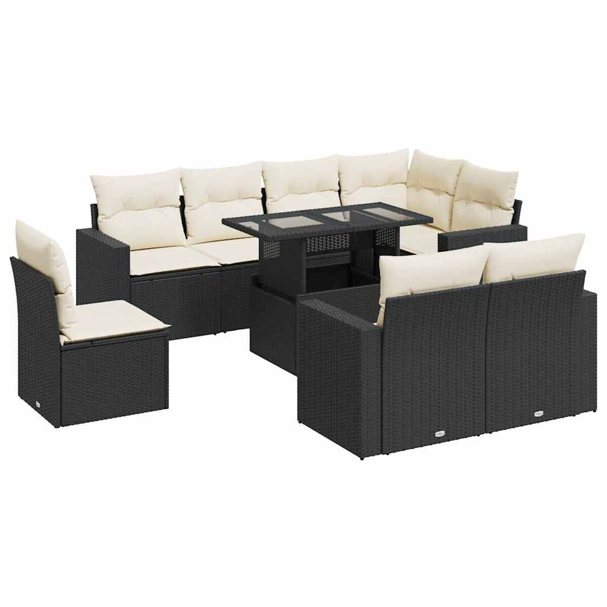 Divano componibile in rattan nero con tavolo con piano rialzabile e sedia.