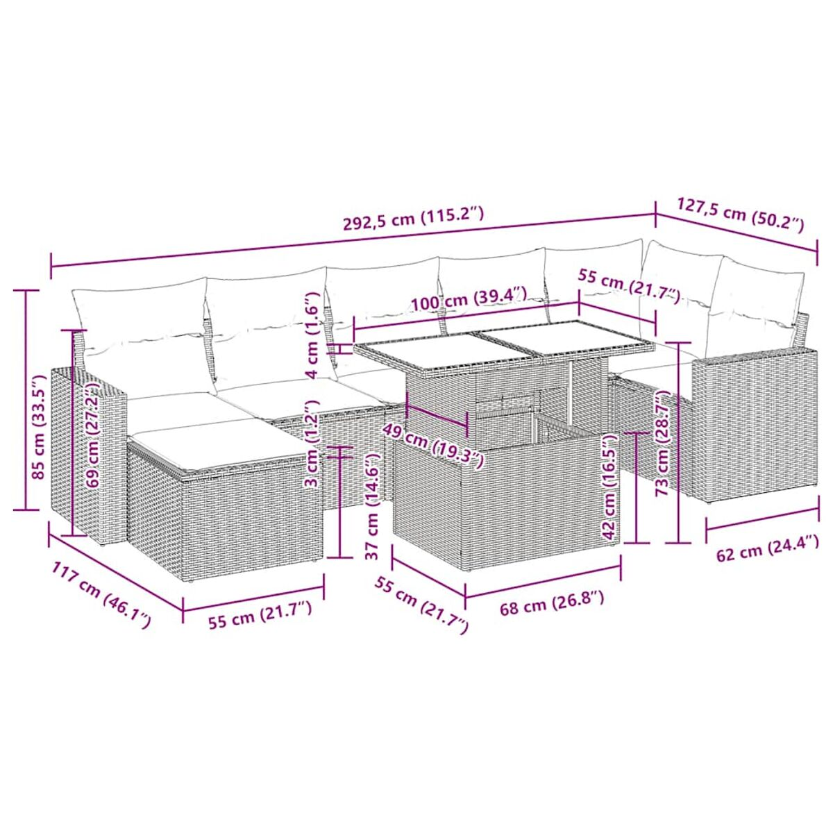 Diagrama de dimensiones de sofá de ratán exterior, con medidas en cm y pulgadas, fondo blanco.