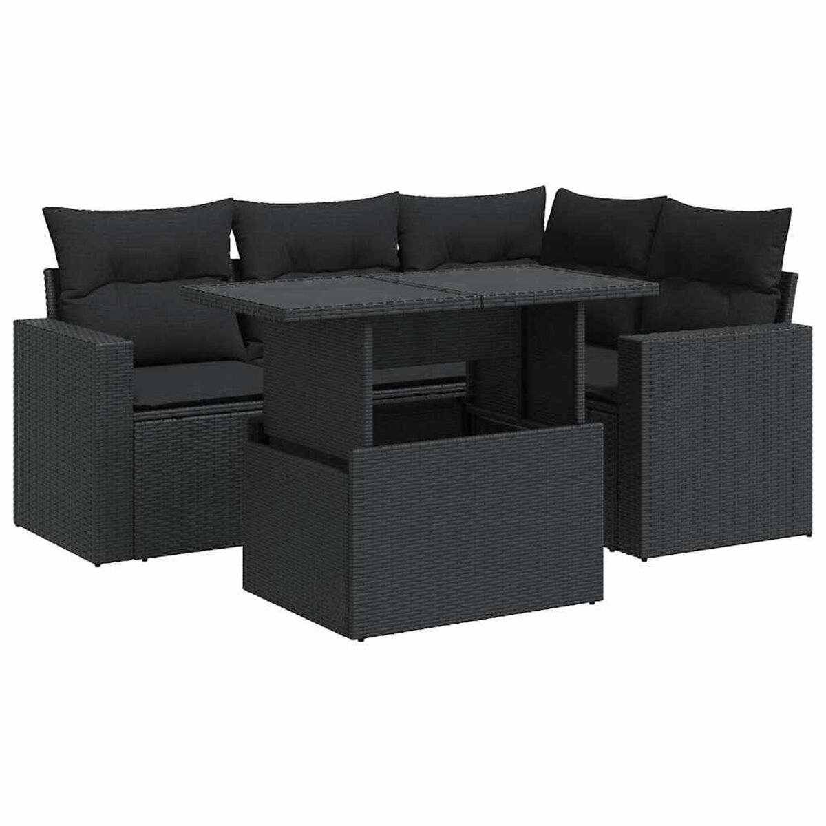 Un set di mobili da esterno grigio scuro con cuscini su sfondo bianco. Include un tavolo.