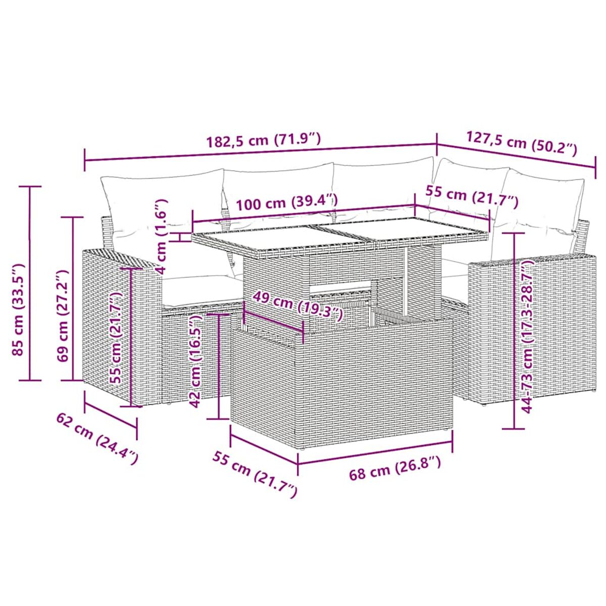 Dimensioni del set divano per esterni con tavolo, con misure in cm e pollici. Cuscini beige, rattan grigio, diagramma.