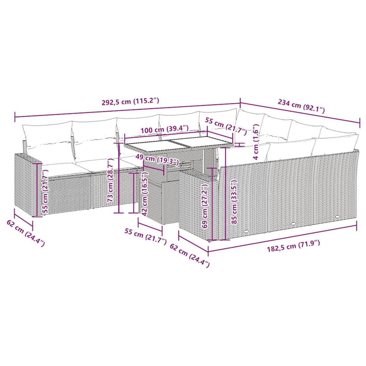 Diagramm eines Ecksofas mit Abmessungen in Zentimetern und Zoll.