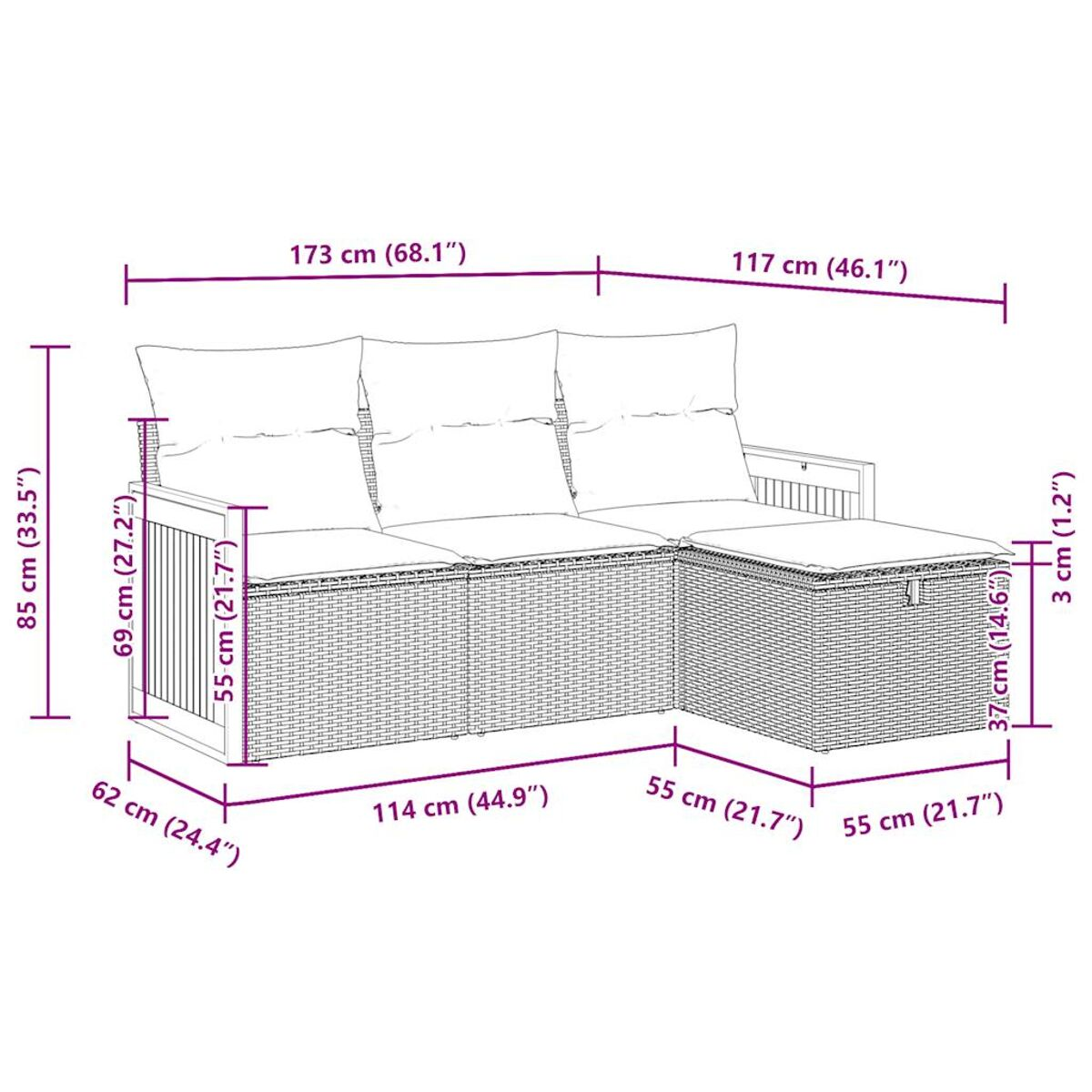 Diagramma con dimensioni di un divano angolare esterno in rattan beige con cuscini.