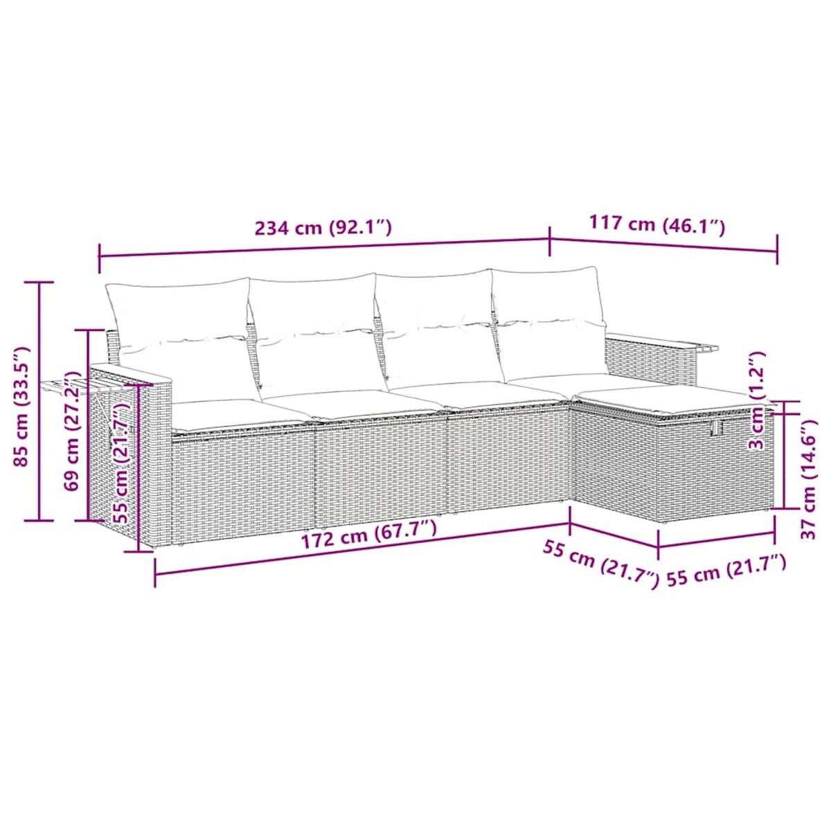 Schema di un set divano in rattan con dimensioni. Include un divano e un pouf.