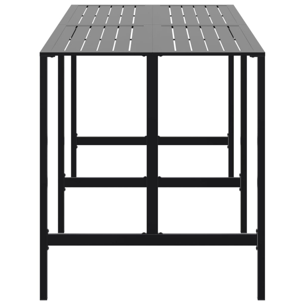 Schwarzes Outdoor-Tischgestell. Der Tisch hat eine Lamellenplatte. Das Gestell ist rechteckig mit Kreuzstützen.