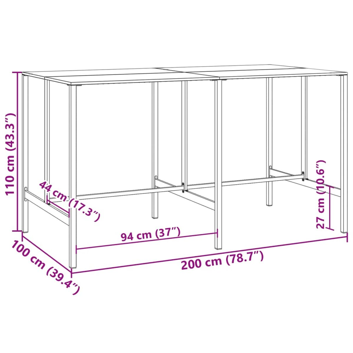 Diagramm eines Tisches mit Abmessungen in cm und Zoll.