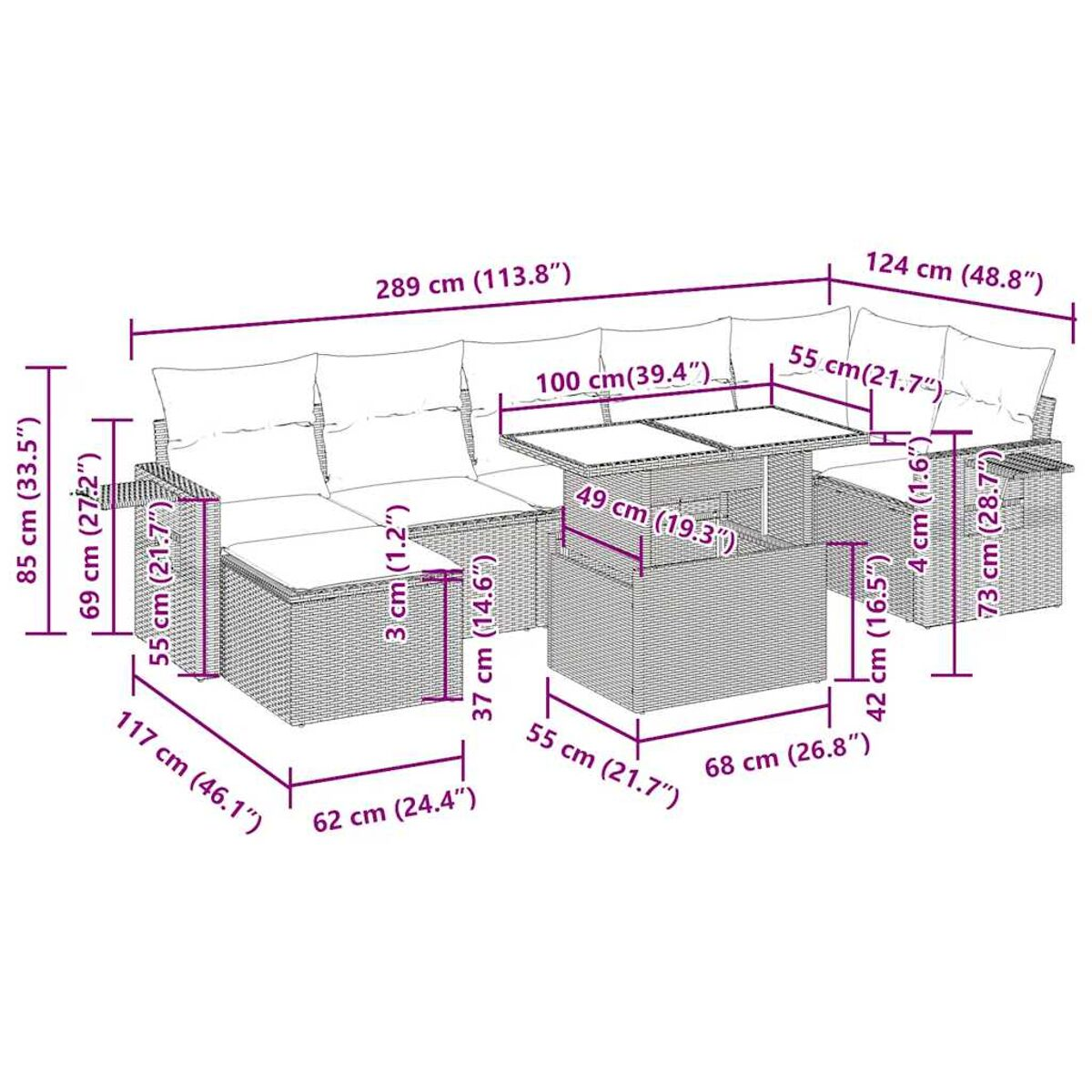 Diagramma con dimensioni di un divano angolare esterno in rattan beige con cuscini e tavolo.