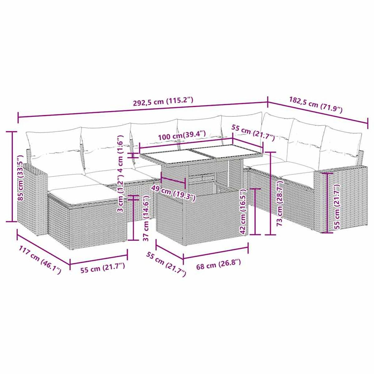 Schema di un divano componibile da esterno con dimensioni in centimetri e pollici.