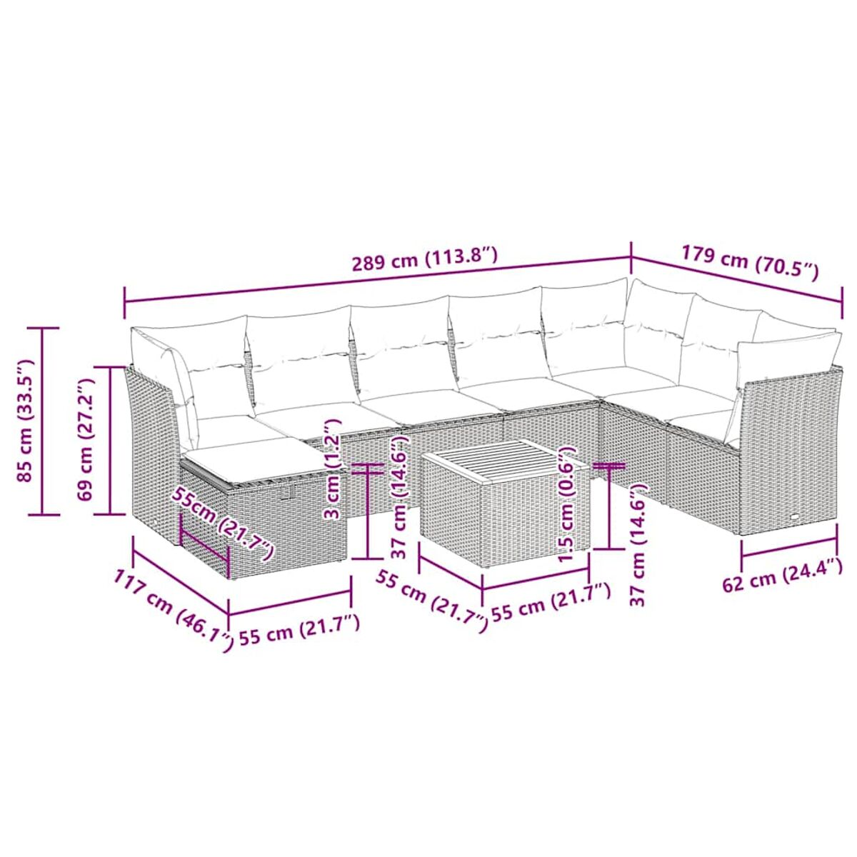 Großes Ecksofa mit Kissen und einem Couchtisch. Abmessungen sind angegeben.