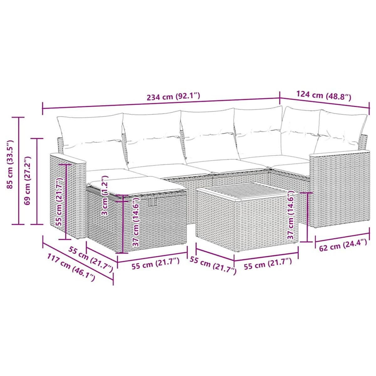 Geflochtenes Outdoor-Sofa mit Kissen und einem Couchtisch, Maße angegeben.