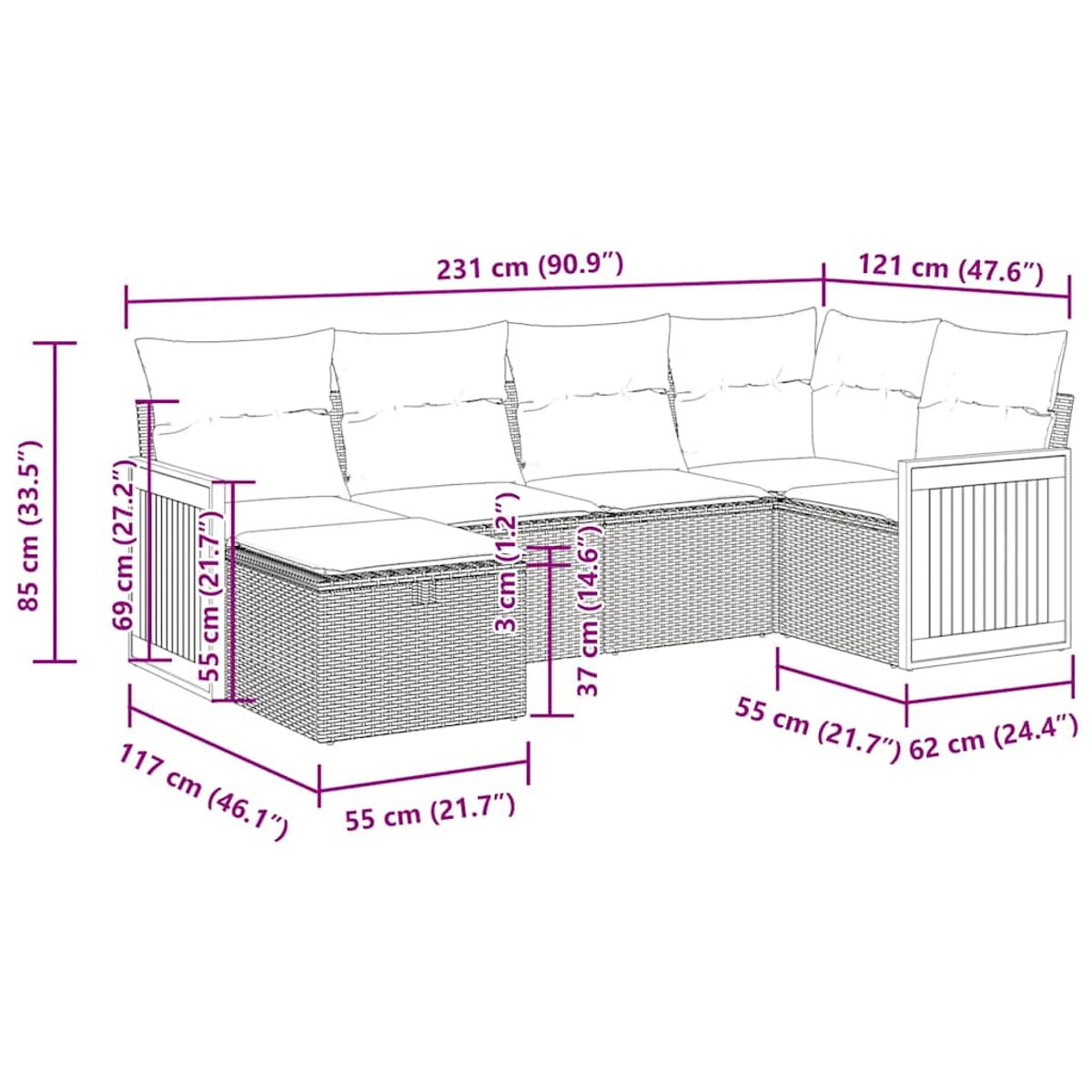 Geflochtenes Outdoor-Sofa mit weißen Kissen. Abmessungen und Layout sind gezeigt.