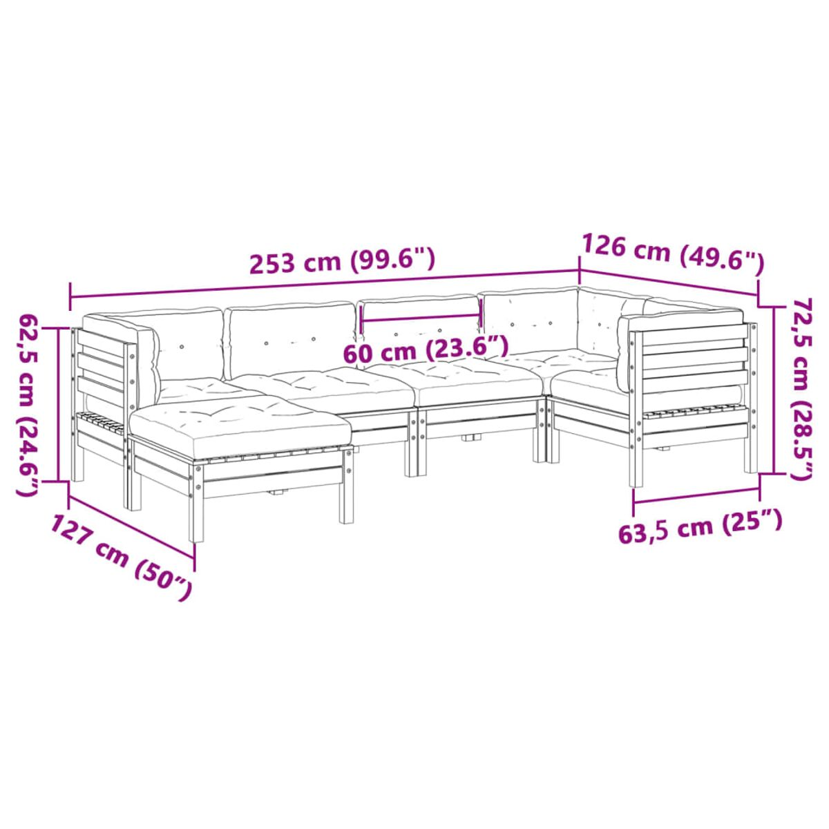 Outdoor-Sofagarnitur aus Holz mit Maßen und Eckdesign.
