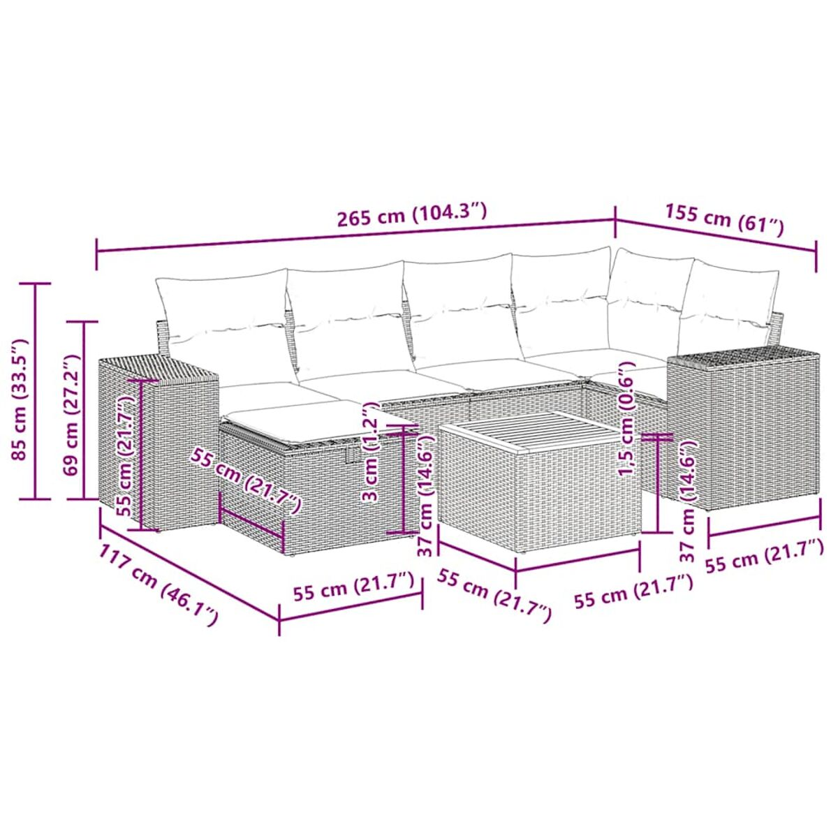 Un diagrama de muebles de exterior con dimensiones. Incluye un sofá seccional, mesa y taburetes con medidas.