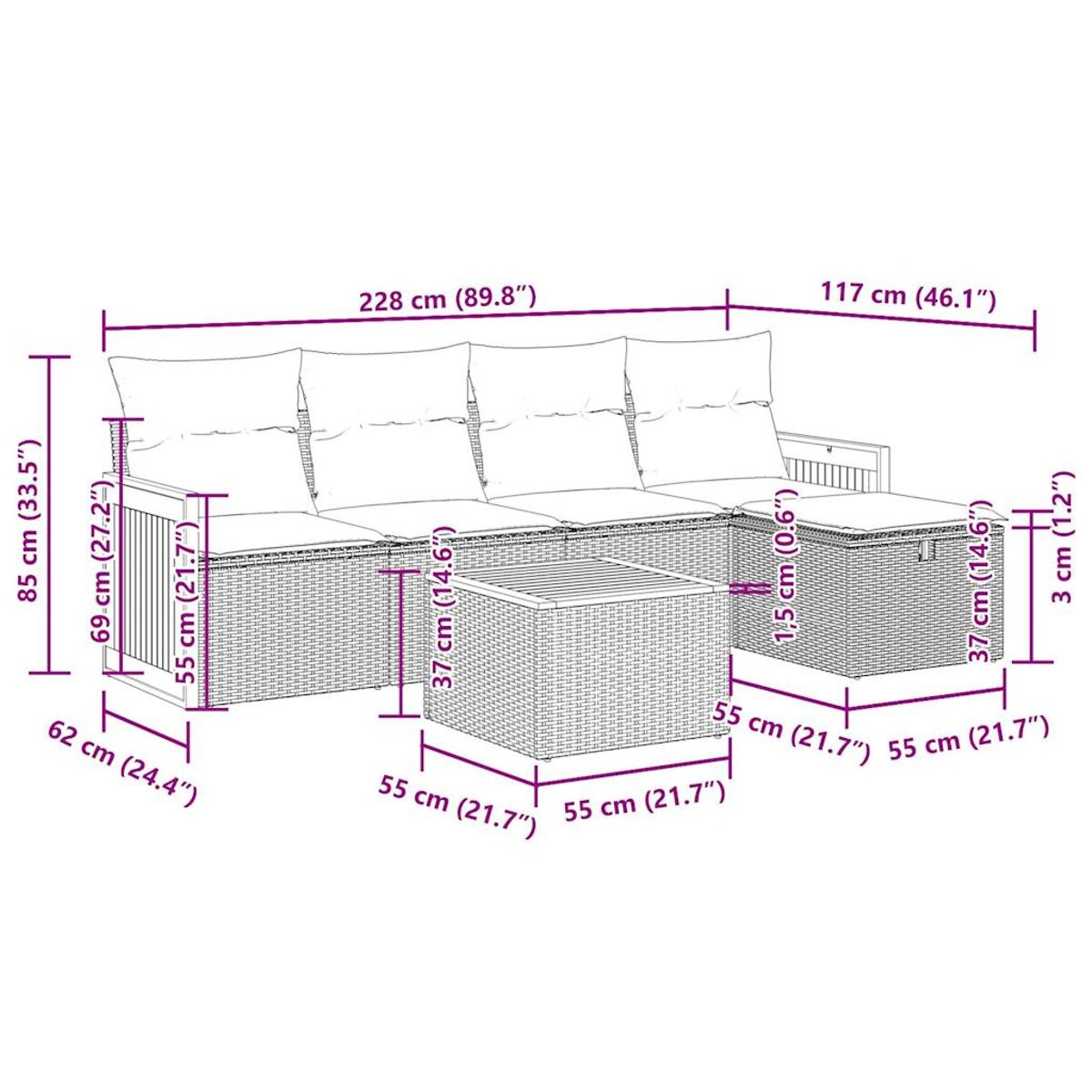 Divano per esterni con dimensioni. Misure: 228x117x85cm.