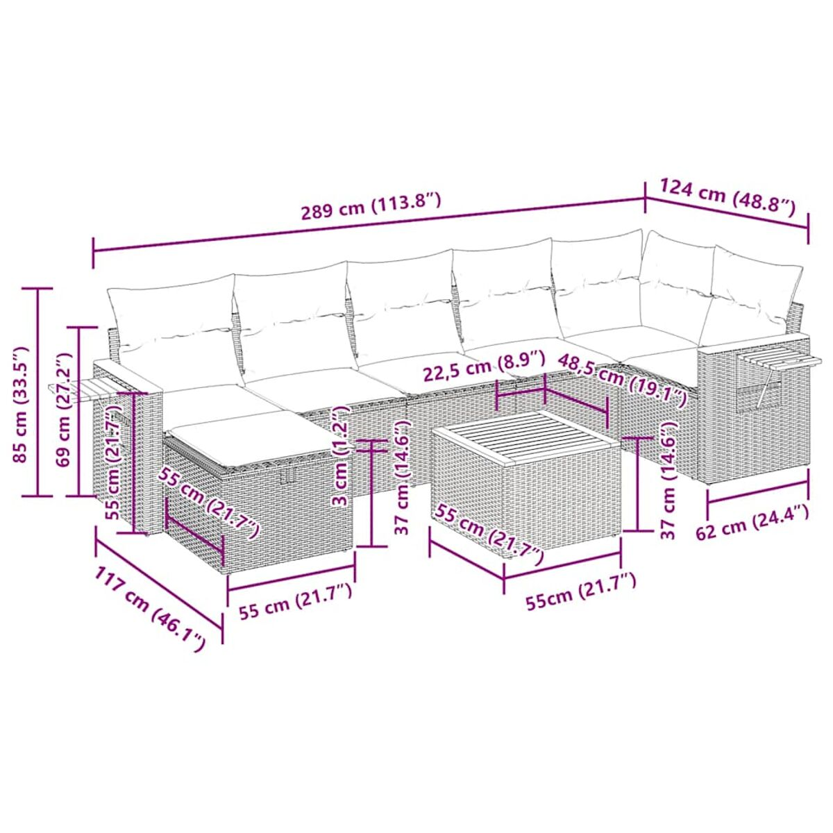 Diagramm eines Outdoor-Sitzmöbels. Die Abmessungen sind in cm und Zoll angegeben.