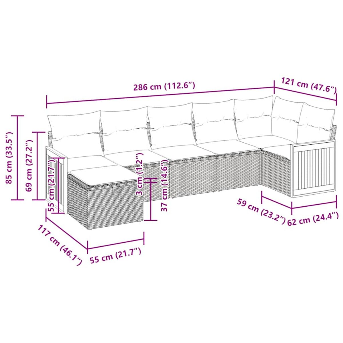 Geflochtenes Outdoor-Set mit mehreren Teilen, Abmessungen sind angegeben, inkl. Fußhocker.