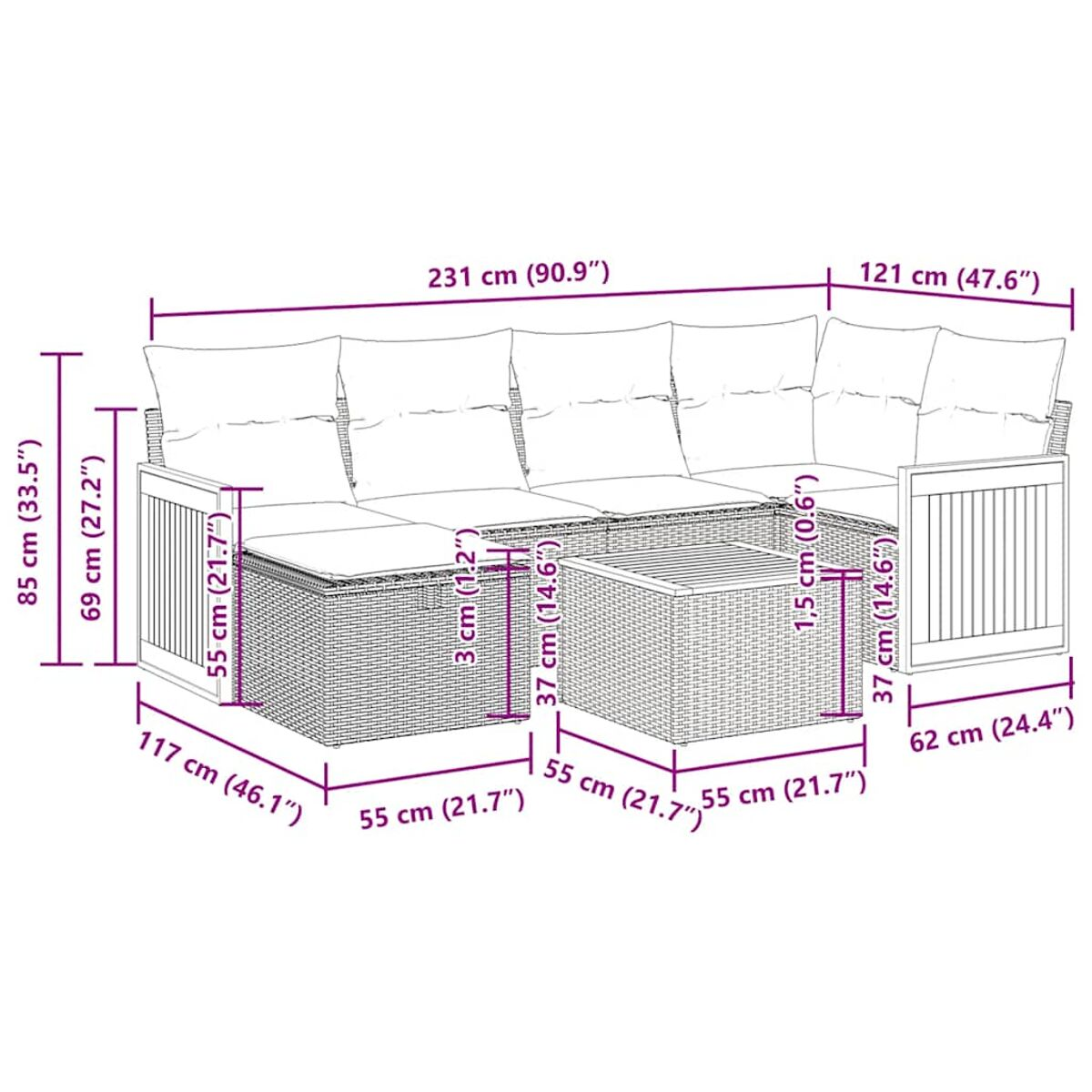 Geflochtenes Ecksofa mit Maßen. Weißer Hintergrund.