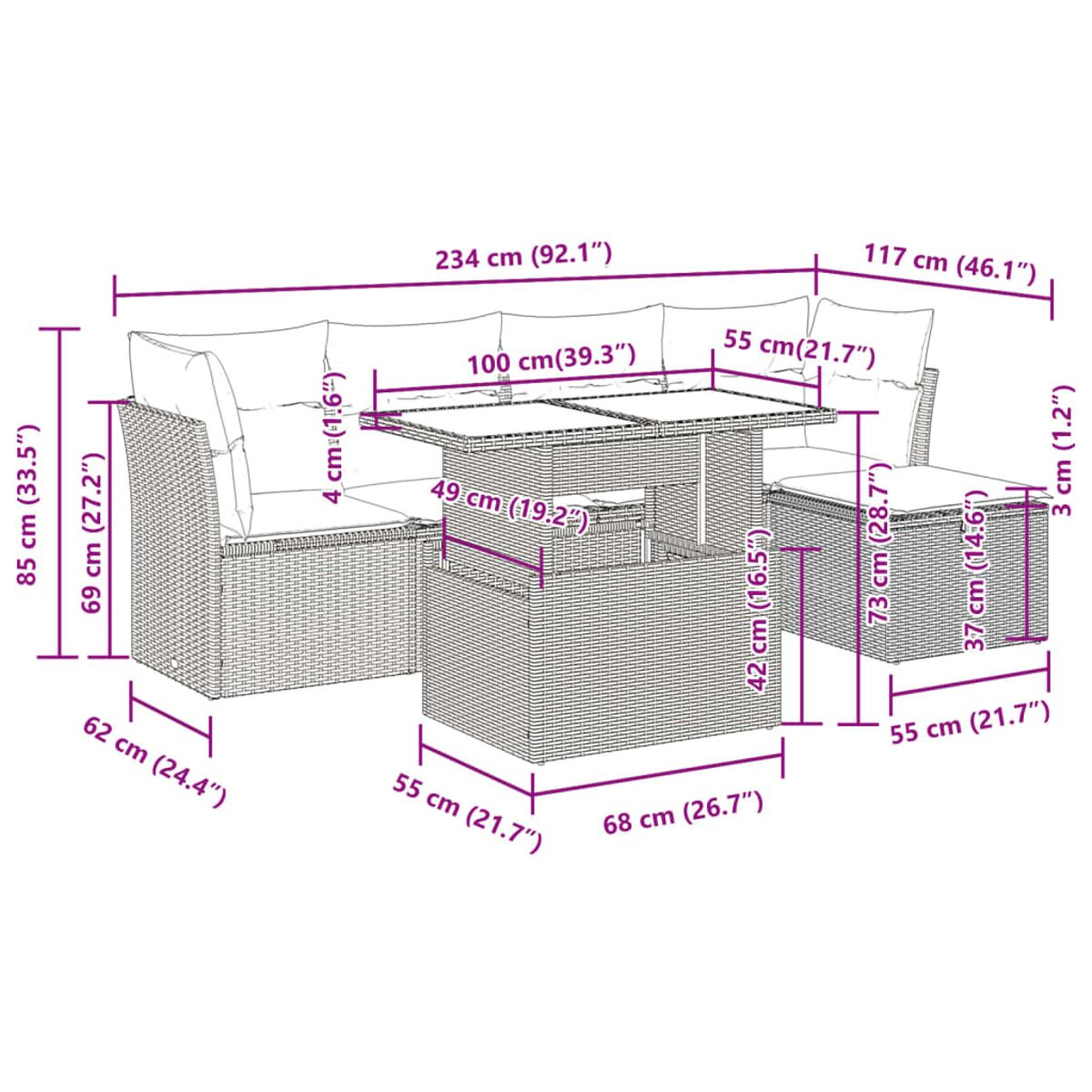 Set divano in rattan da esterno con dimensioni. Include divano, tavolo e sgabello con cuscini bianchi.