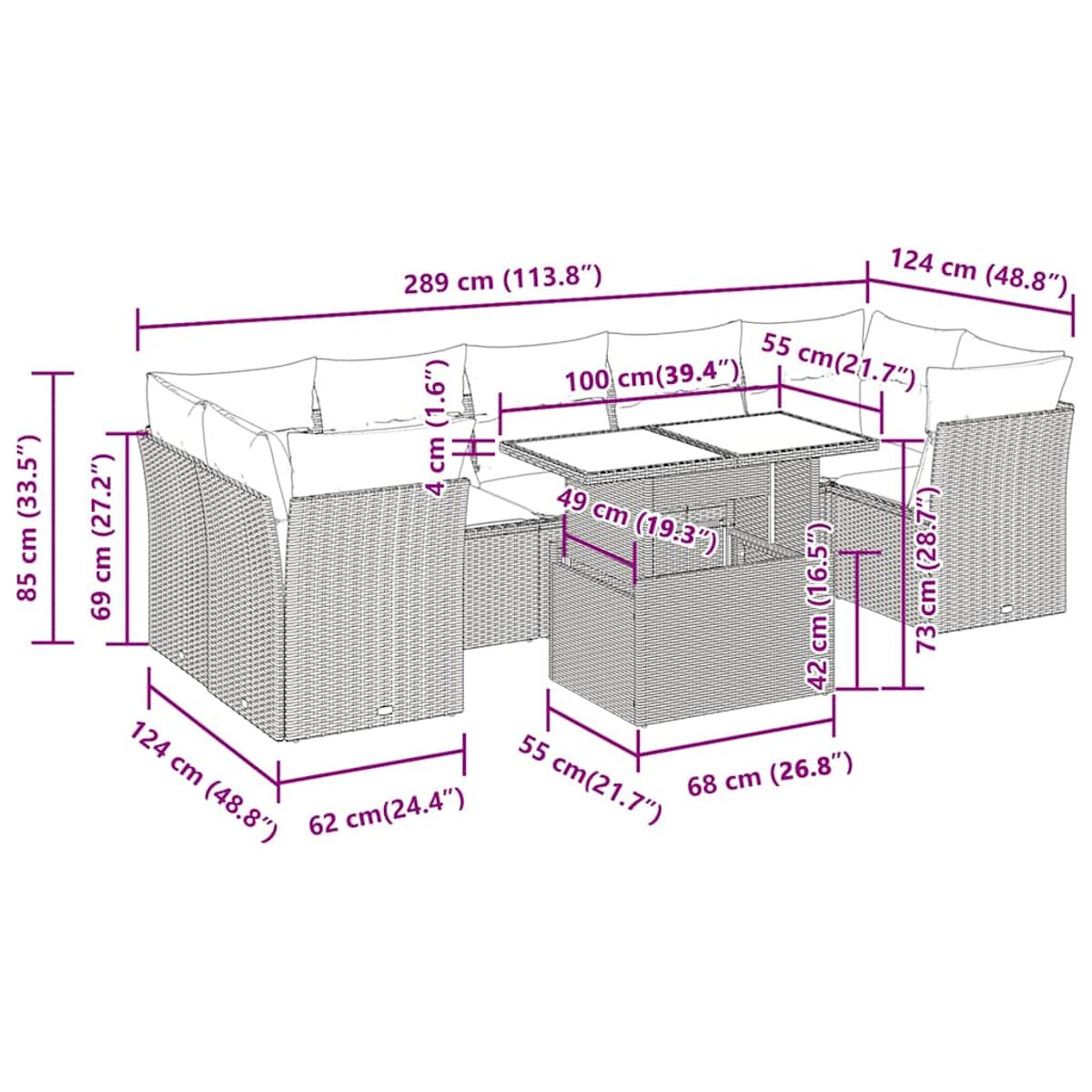 Diagramma con dimensioni di un set divano da esterno in rattan con tavolo, in un altro layout.