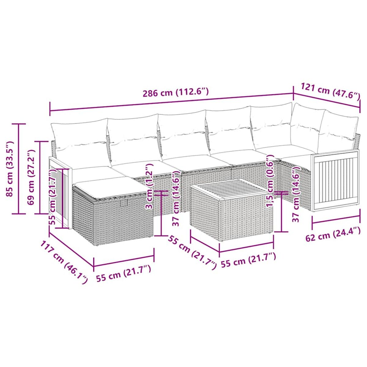 Diagramm eines Rattansofa-Sets mit Maßen in cm, einschließlich Tisch und Kissen.