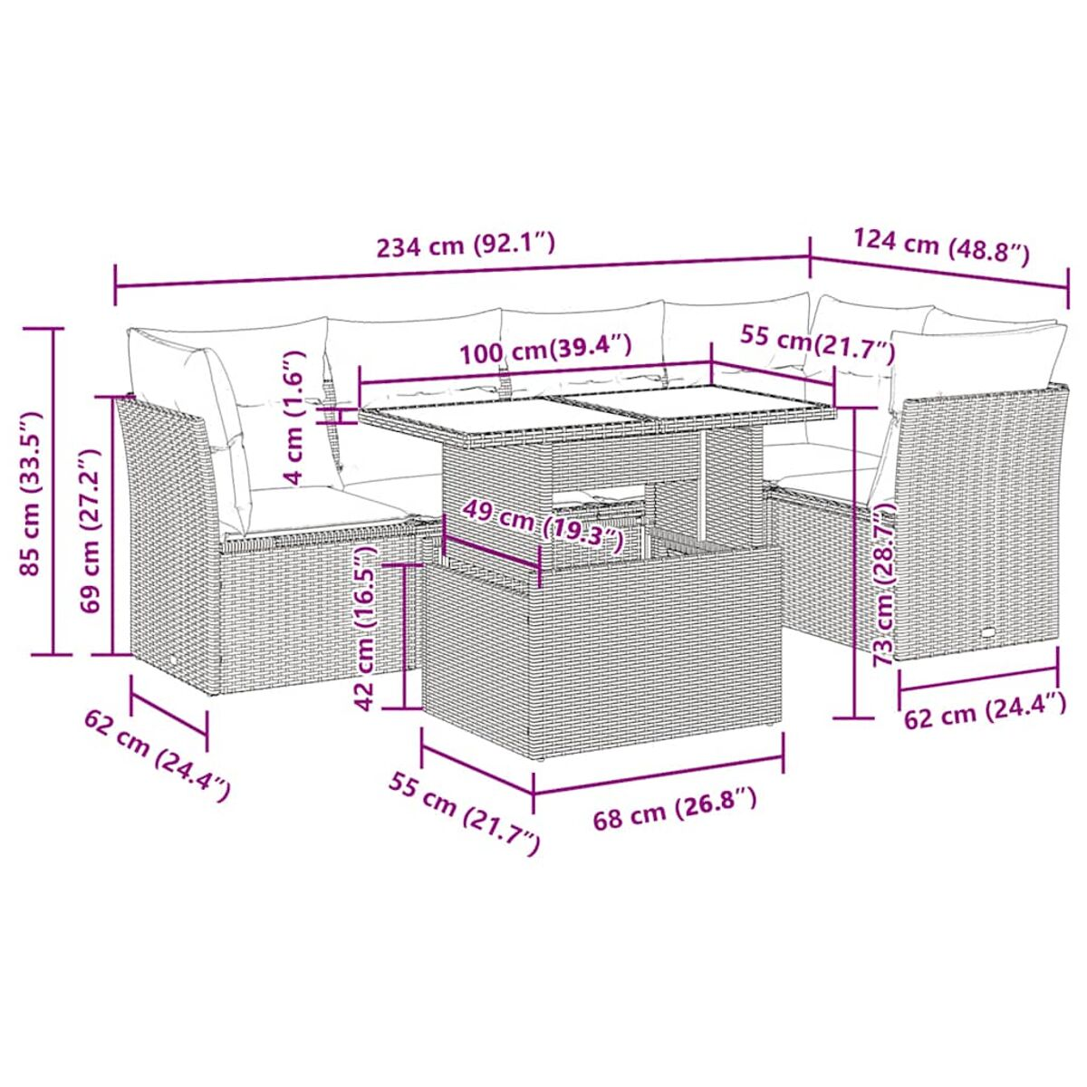 Set divano in rattan da esterno con tavolo. Dimensioni visualizzate. Cuscini beige, rattan marrone. Sfondo bianco.