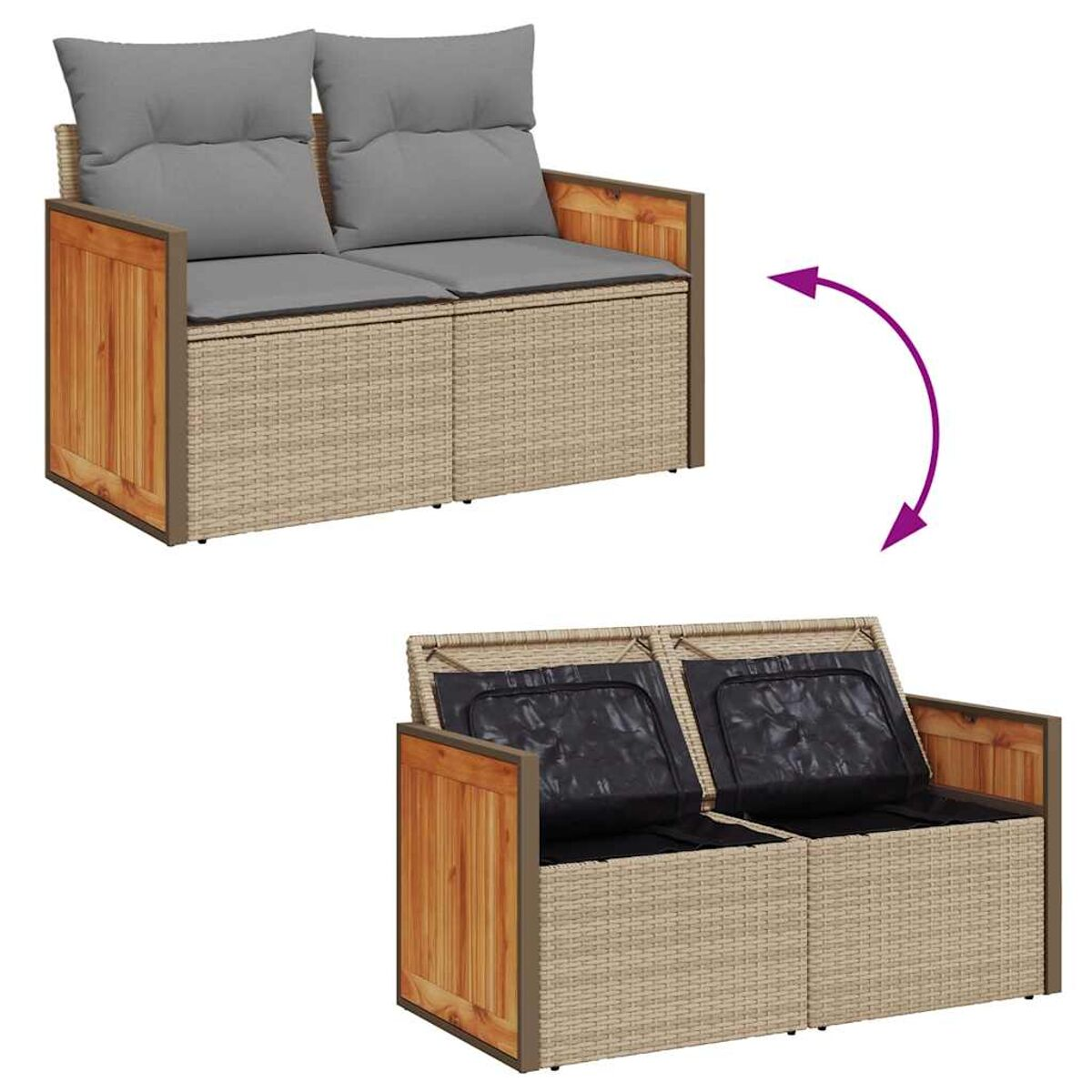 Divano in rattan da esterno con cuscini grigi, trasformabile in contenitore.