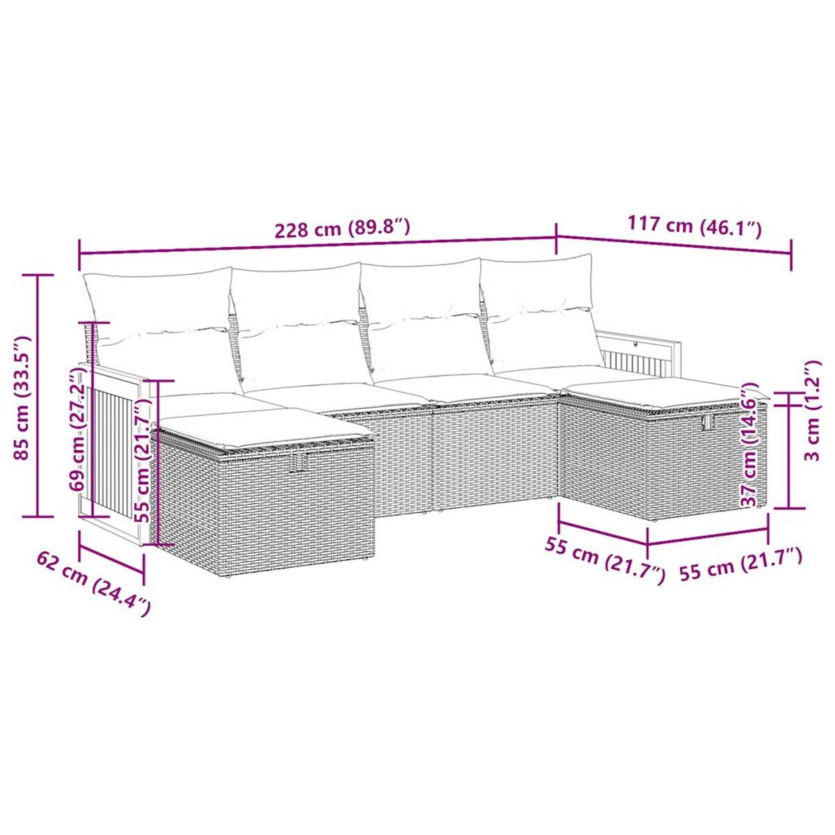 Eine Abbildung eines Outdoor-Sofasets mit in Zentimetern und Zoll beschrifteten Abmessungen.