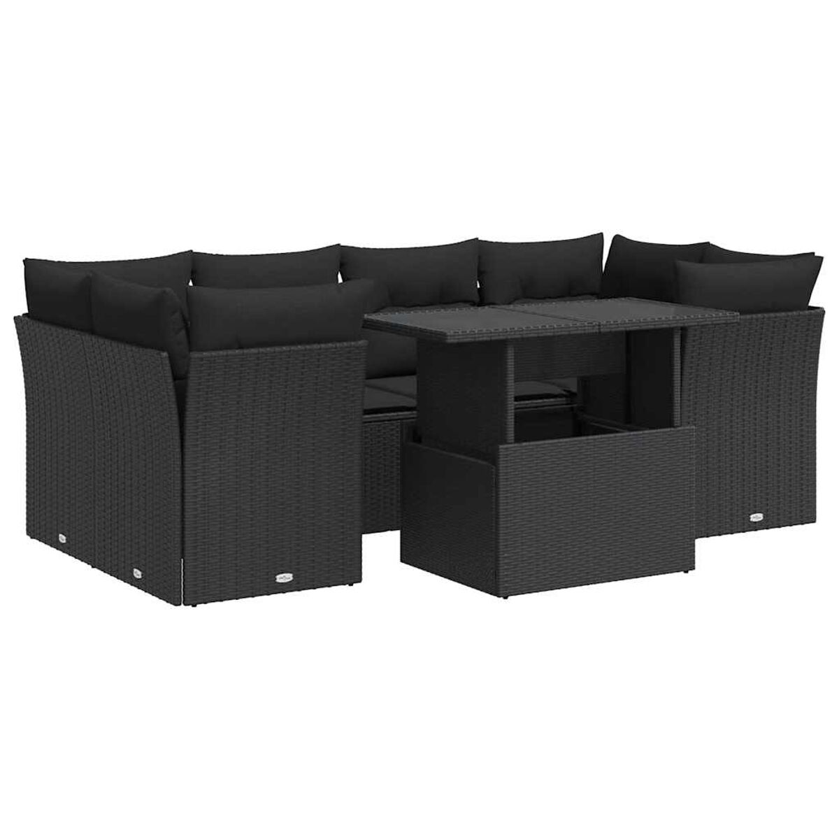 Divano angolare in rattan nero con tavolo. Cuscini neri sui sedili.
