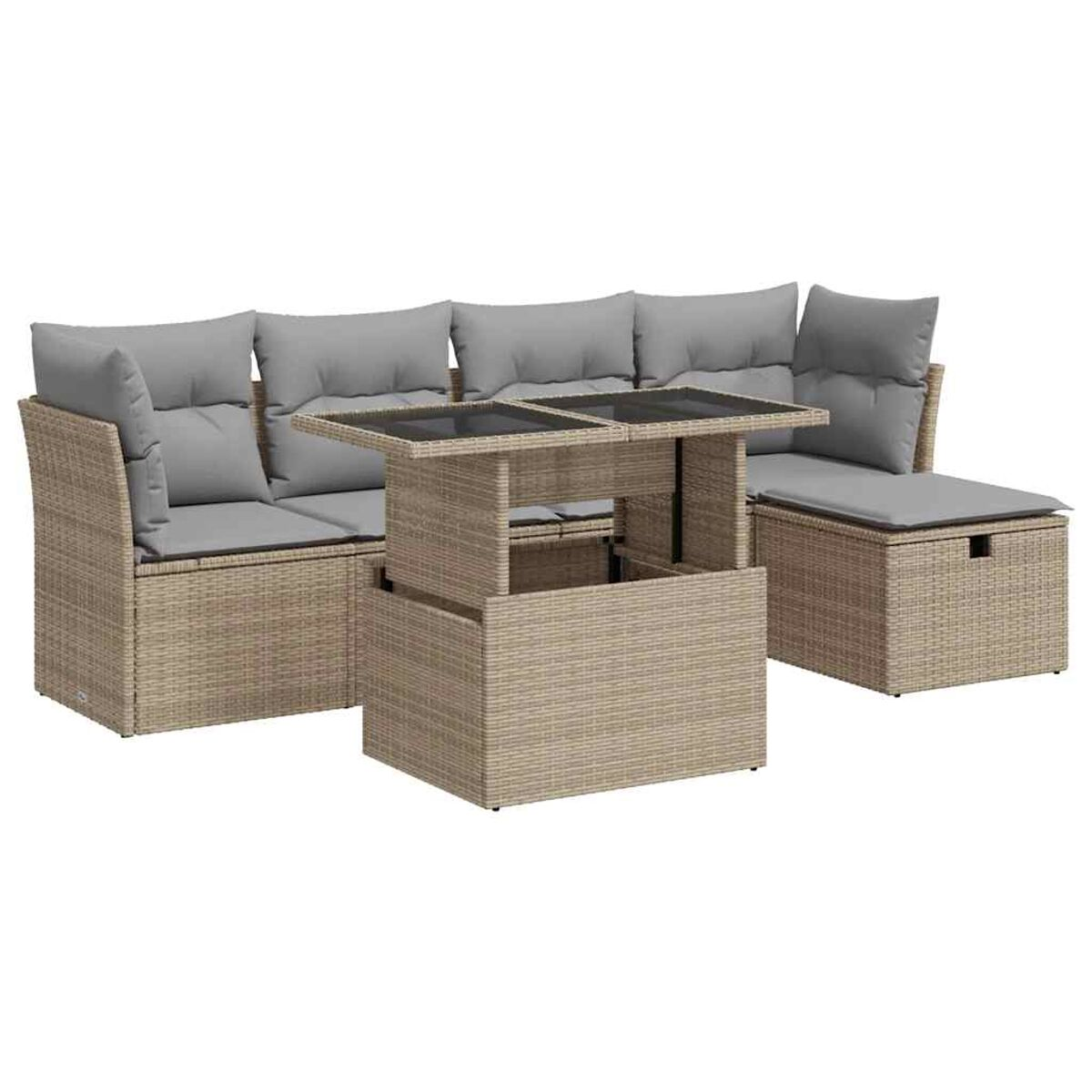 Divano componibile in vimini beige con cuscini grigi e tavolo.