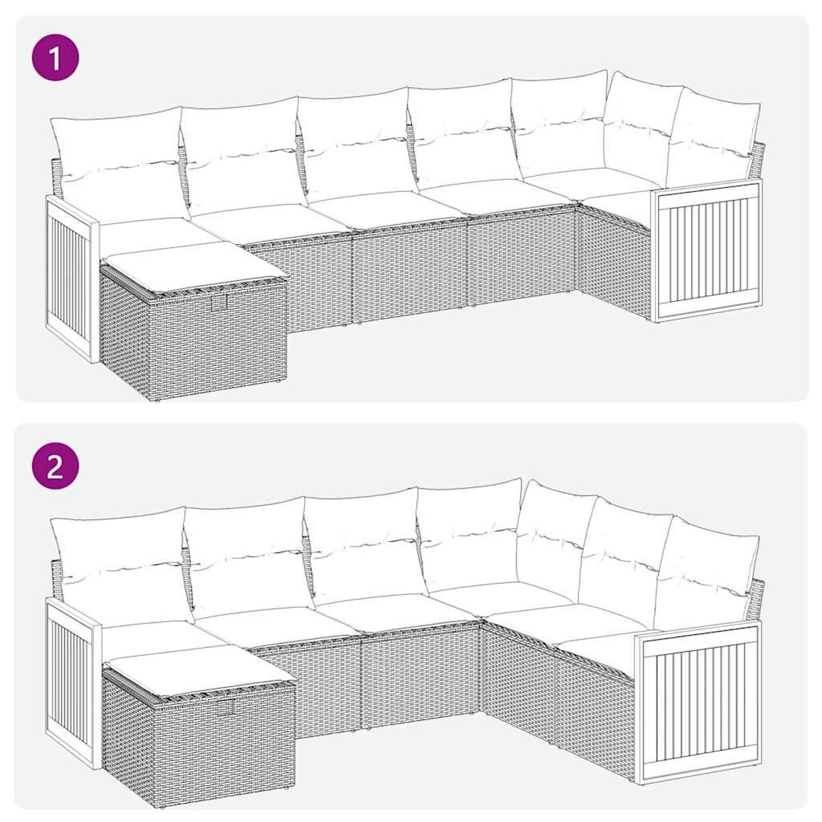 Zwei Diagramme eines beigen Outdoor-Ecksofas, die verschiedene Konfigurationen zeigen.