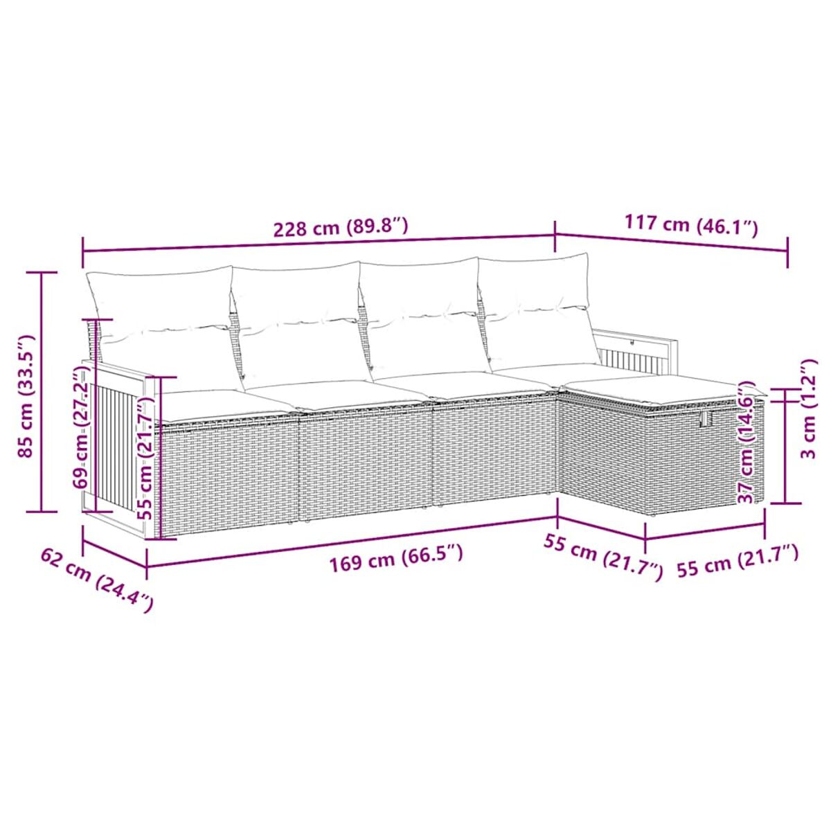 Divano componibile in vimini con dimensioni visualizzate. Sfondo bianco.
