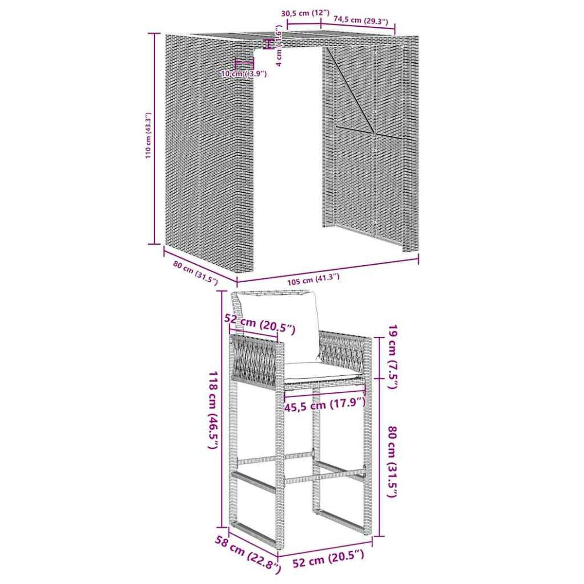 Diagramma con misure di un bar in vimini grigio e uno sgabello da bar. Uno sgabello da bar è in primo piano.