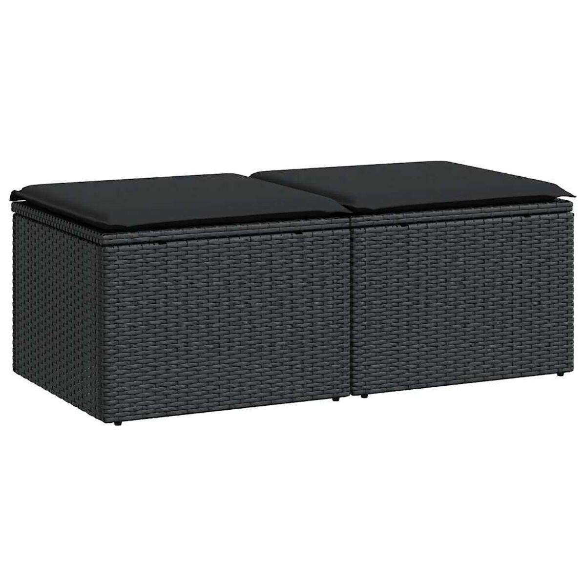 Due panche contenitore nere intrecciate con cuscini neri sopra. Forma rettangolare.
