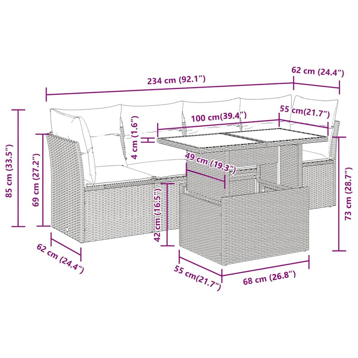 Set divano rattan da esterno con misure. Cuscini beige e tavolo centrale visibili.