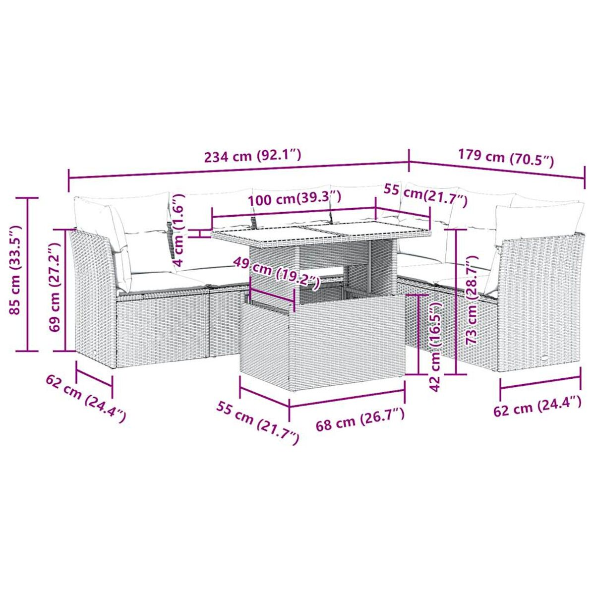 Set divano esterno stile rattan con dimensioni. Ha cuscini e un tavolo.