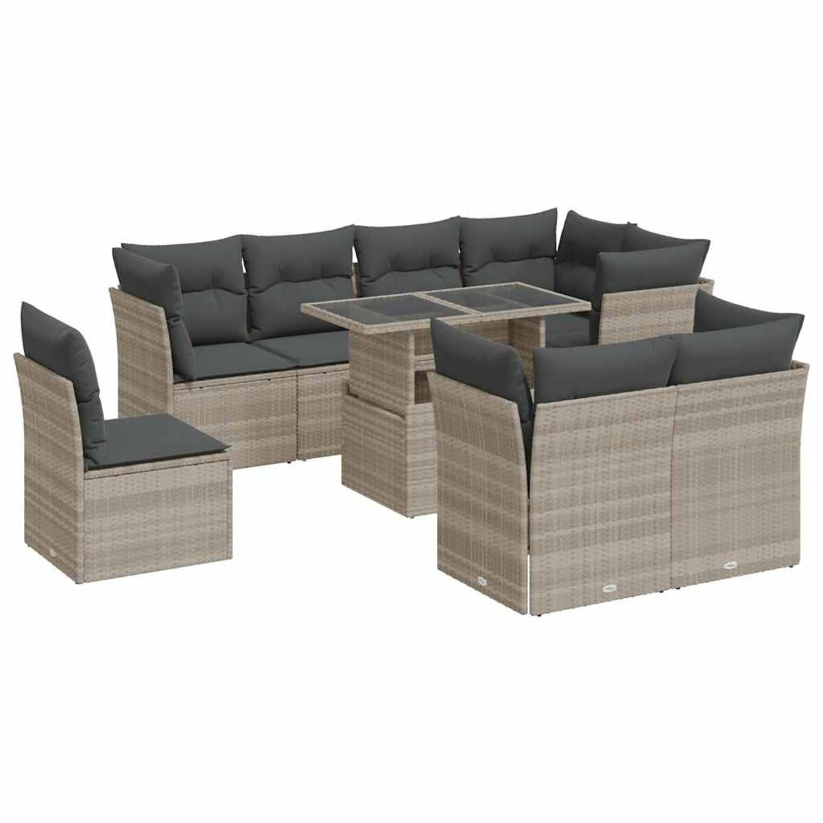 Set di sedute da esterno in vimini grigio con tavolo in vetro.