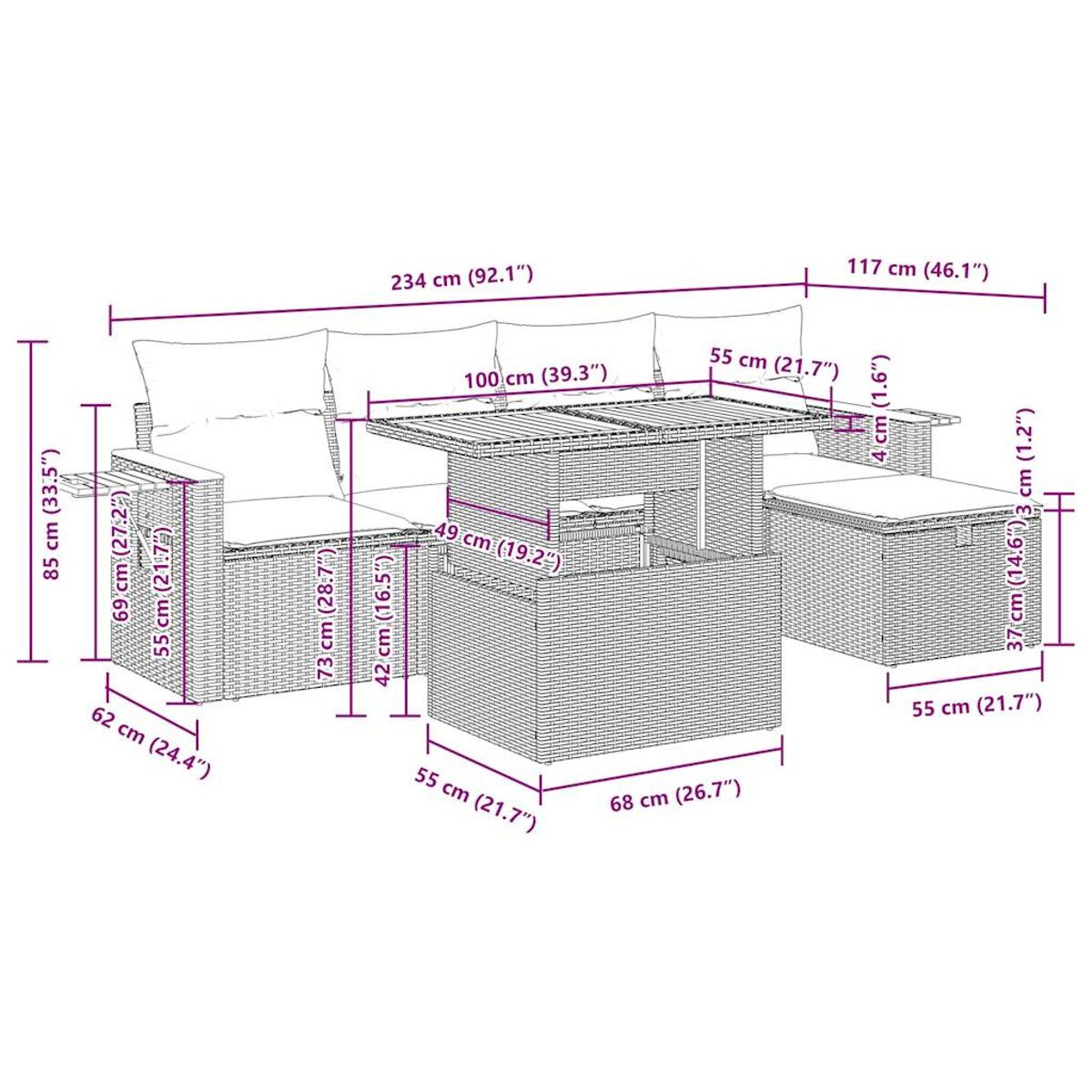 Set divani da esterno con dimensioni e misure espresse in cm e pollici.