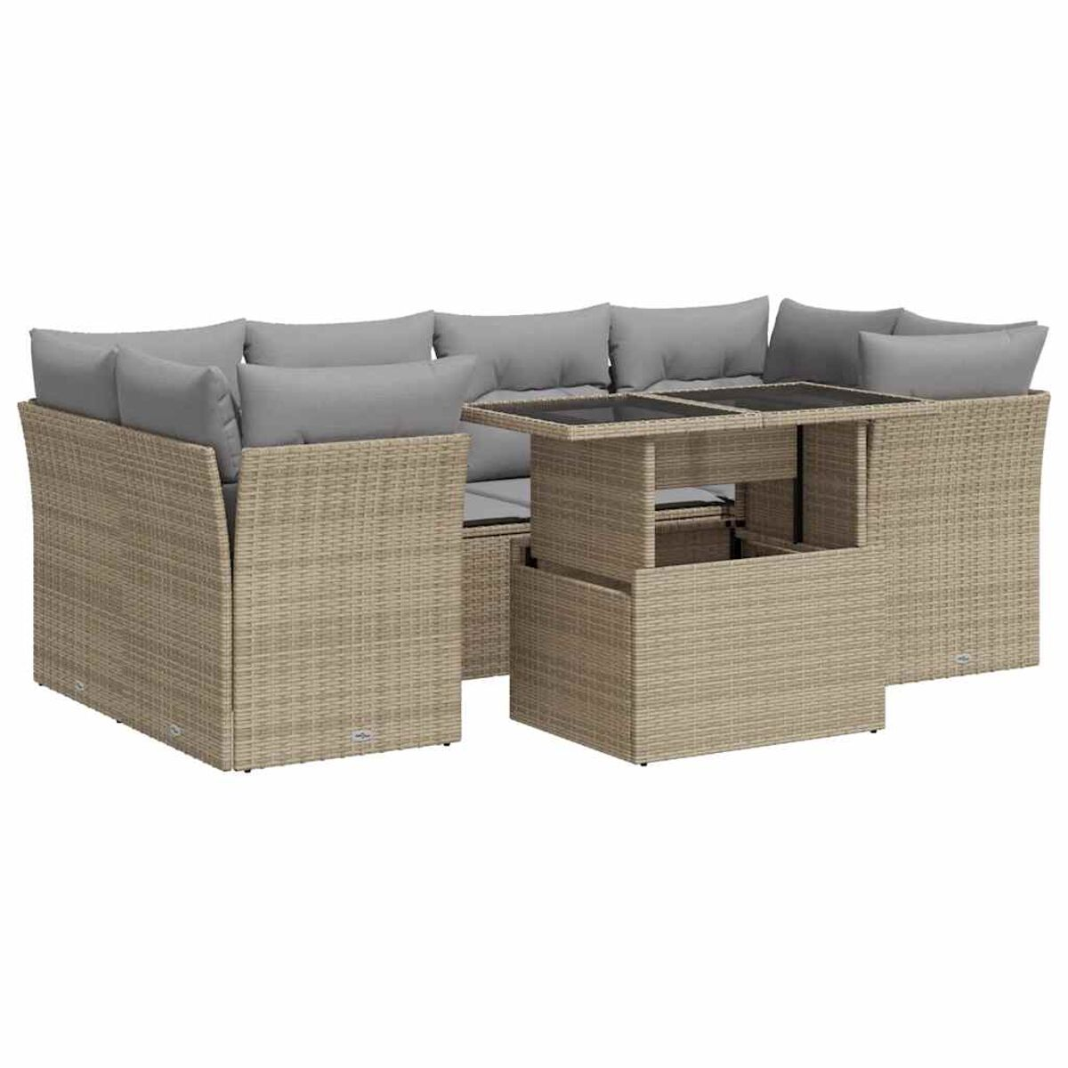 Divano angolare in vimini beige con cuscini grigi e tavolo sollevabile con piano in vetro.