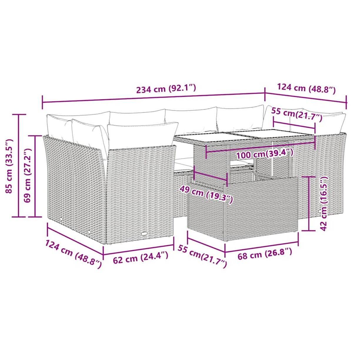 Diagramma di mobili da esterno con dimensioni in cm (pollici). Sfondo bianco, che mostra la disposizione del divano componibile.
