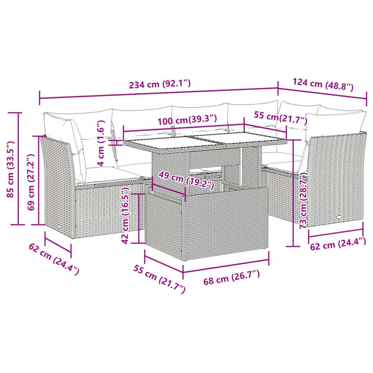 Diagramma di un set divano in rattan beige con dimensioni in centimetri.