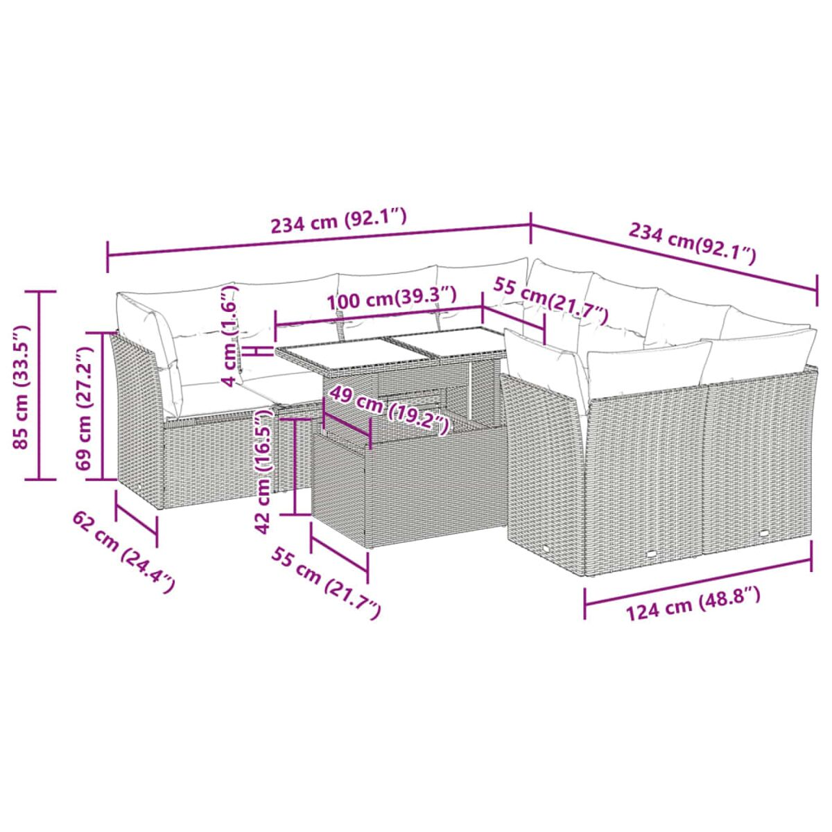 Diagramma di mobili da esterno in vimini neri con dimensioni in cm e pollici su bianco.