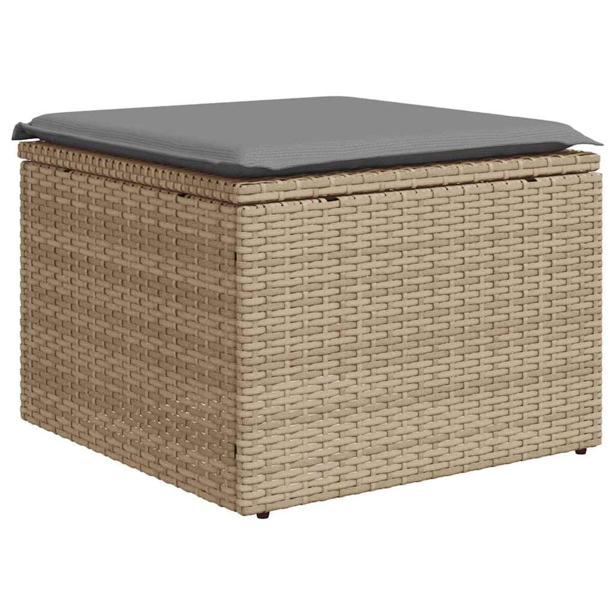 Cubo contenitore in rattan beige con cuscino grigio sopra, su sfondo bianco.