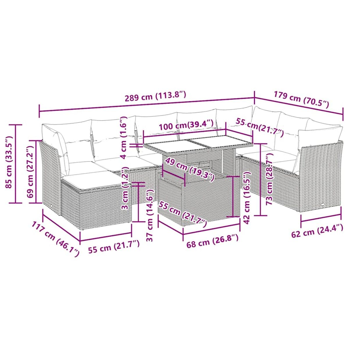 Divano in vimini con dimensioni etichettate. Include un tavolo con dimensioni.