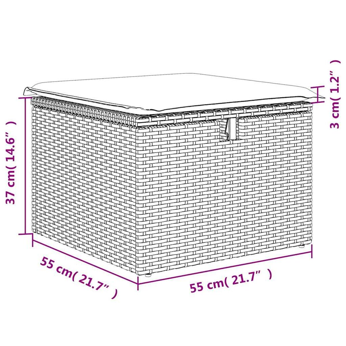 Contenitore quadrato in rattan con cuscino bianco. La trama è intrecciata con motivo a mattoni visibile.