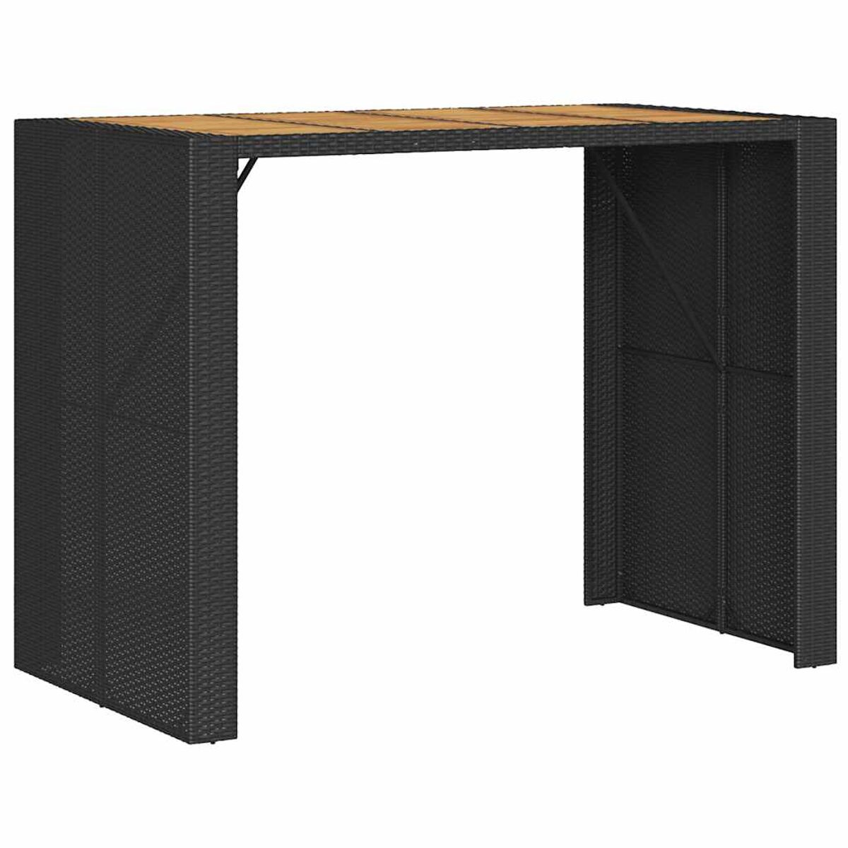 Schwarzer Bar-Tisch aus Korbgeflecht mit heller Holzplatte. Offenes Design.