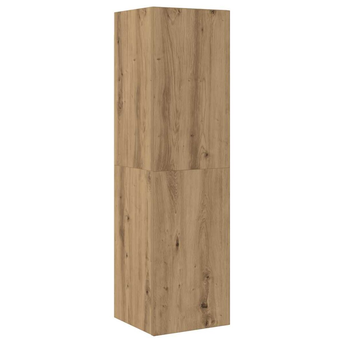 Armario de madera alto con acabado de vetas de madera marrón claro, dos secciones apiladas, vista aislada.