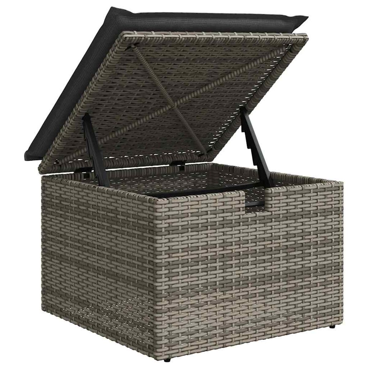 Contenitore in rattan con coperchio aperto, che rivela l'interno. Cuscino nero sopra il coperchio.