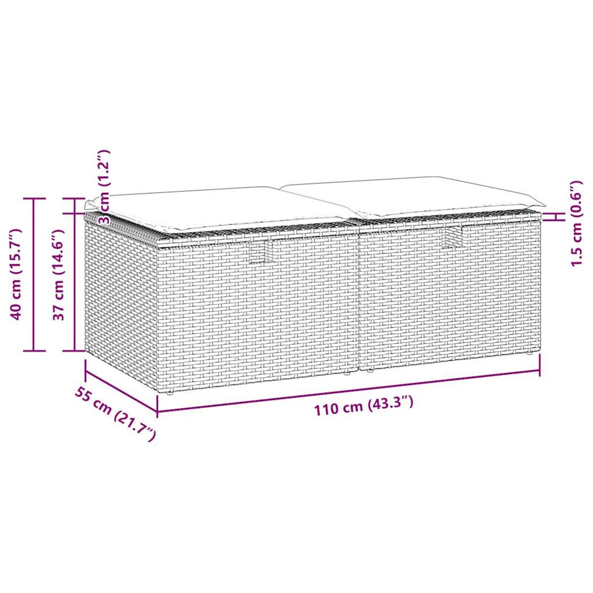 Aufbewahrungsbox im Rattan-Stil mit gepolsterter Oberseite, Abmessungen angezeigt.