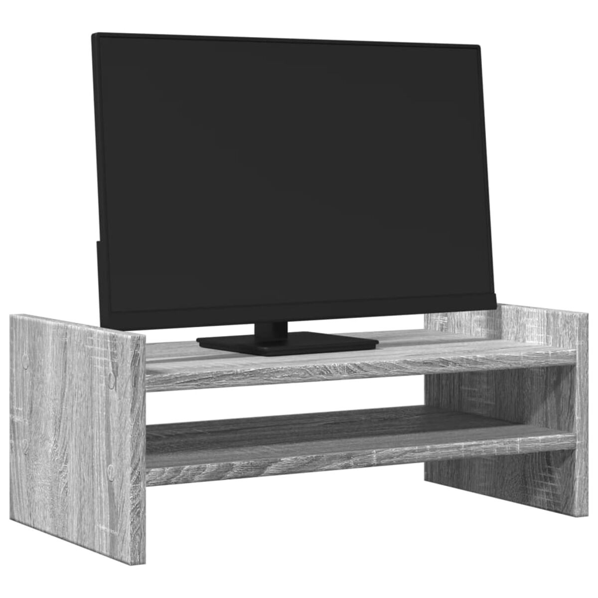 Ein grauer TV-Ständer mit einem schwarzen Fernseher obenauf und einem weißen Hintergrund.
