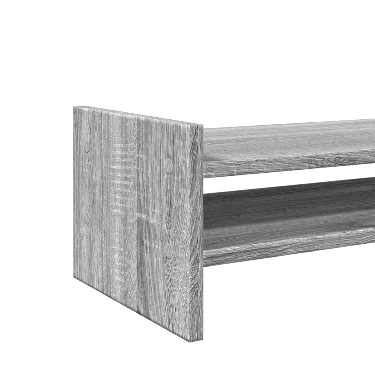 Graues Holzregal mit zwei Regalen, Seitenansicht. Vor weißem Hintergrund.
